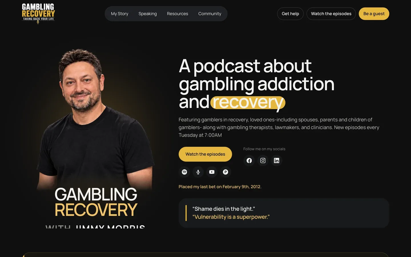 Gambling Recovery's site, built by Storifex