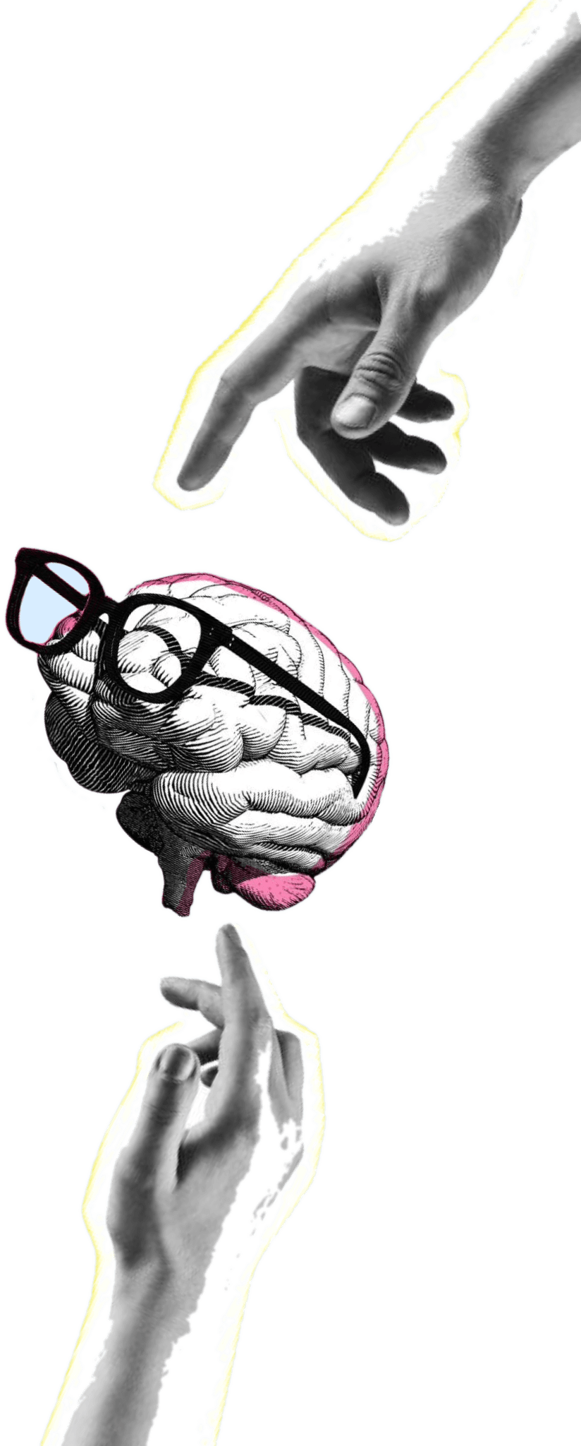 Two hands reaching toward a brain, Creation of Adam style