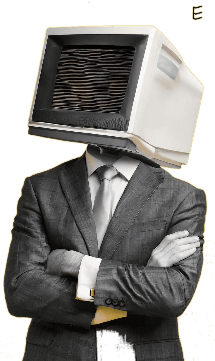A businessman with an outdated CRT monitor for a head