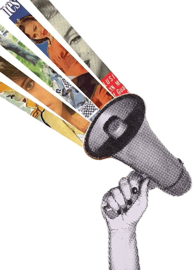 A hand holding a megaphone blasting out media