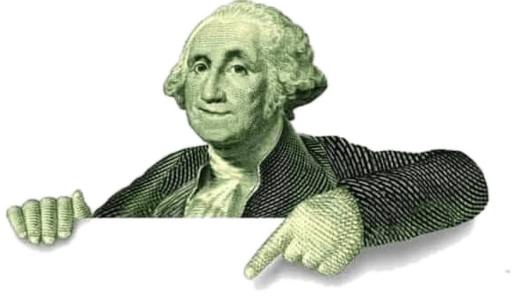 George Washington leaning over the numbers, pointing down